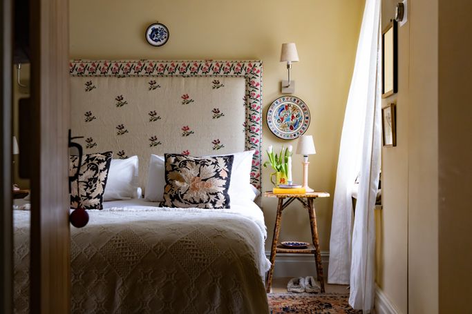 Headboard in bedroom of cottage